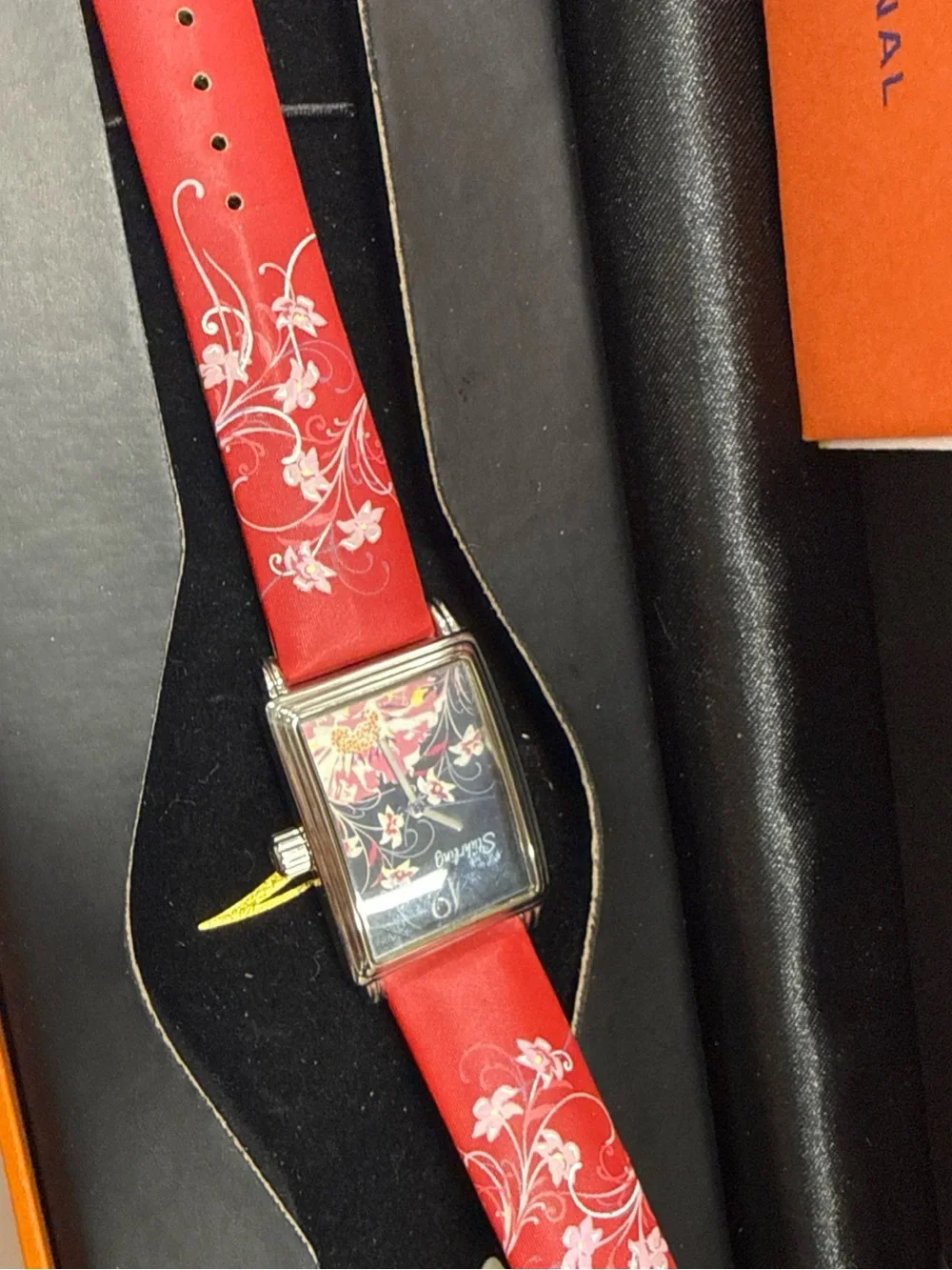 Stuhrling Original Red Floral Leather Strap Rectangular Dial Watch